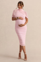 Driftly | Aderyn Light Pink High-Neck Maternity Midi Dress With Sheer Cape Sleeves