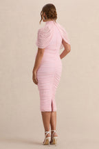 Driftly | Aderyn Light Pink High-Neck Maternity Midi Dress With Sheer Cape Sleeves