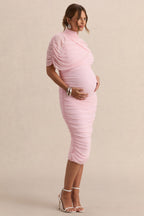 Aderyn Light Pink High-Neck Maternity Midi Dress With Sheer Cape Sleeves – second lifestyle photo