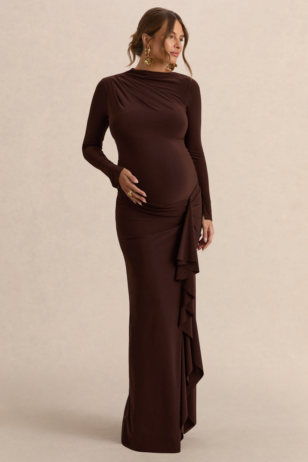 Driftly | Kamira Dark Brown Round-Neck Maternity Maxi Dress With Gathered Detailing