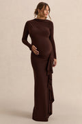 Driftly | Kamira Dark Brown Round-Neck Maternity Maxi Dress With Gathered Detailing