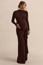 Driftly | Kamira Dark Brown Round-Neck Maternity Maxi Dress With Gathered Detailing