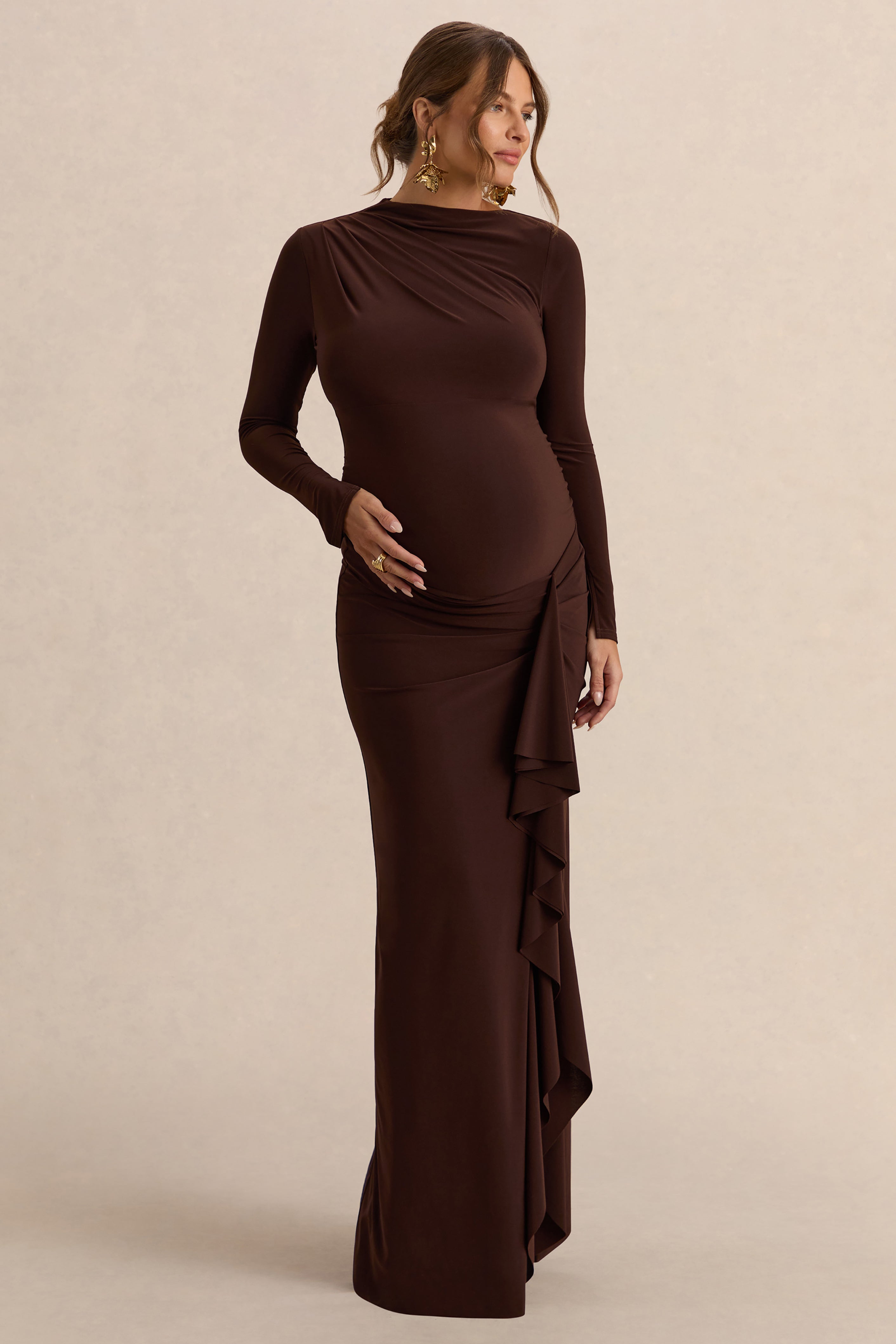 Driftly | Kamira Dark Brown Round-Neck Maternity Maxi Dress With Gathered Detailing