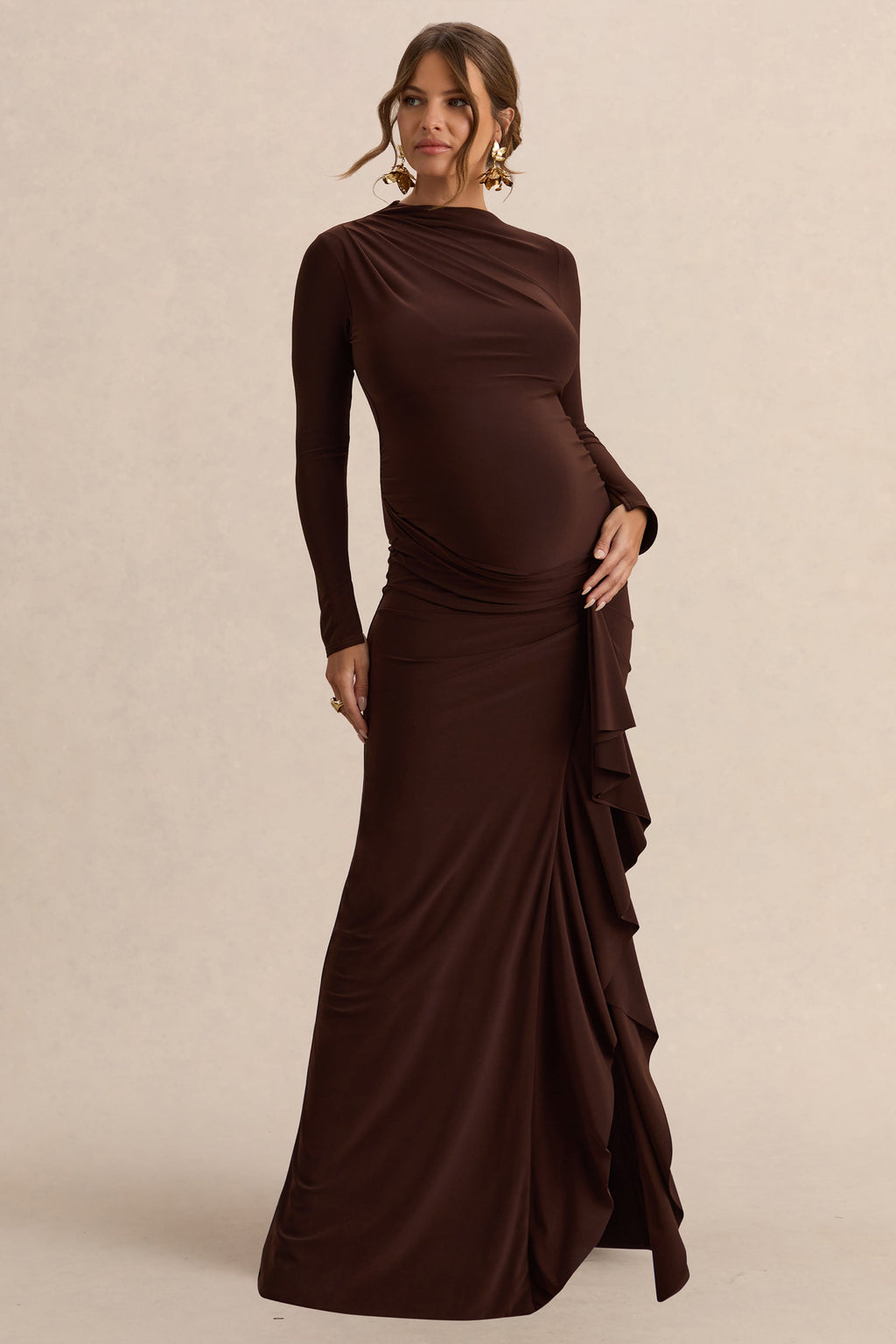 Driftly | Kamira Dark Brown Round-Neck Maternity Maxi Dress With Gathered Detailing