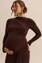 Driftly | Kamira Dark Brown Round-Neck Maternity Maxi Dress With Gathered Detailing