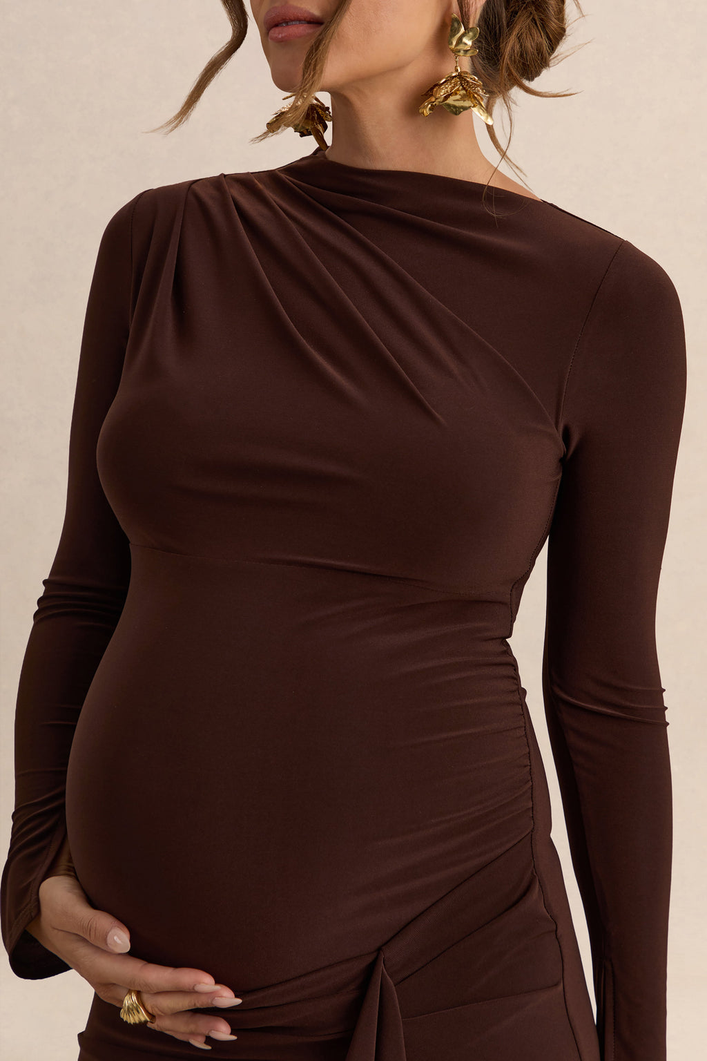 Kamira Dark Brown Round-Neck Maternity Maxi Dress With Gathered Detailing – second lifestyle photo