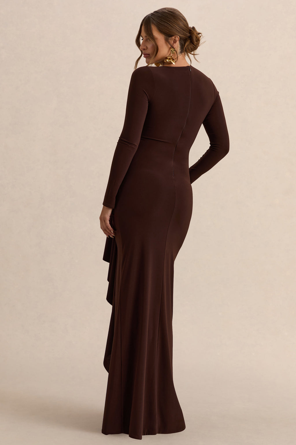 Driftly | Kamira Dark Brown Round-Neck Maternity Maxi Dress With Gathered Detailing