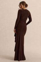 Driftly | Kamira Dark Brown Round-Neck Maternity Maxi Dress With Gathered Detailing