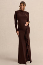 Driftly | Kamira Dark Brown Round-Neck Maternity Maxi Dress With Gathered Detailing