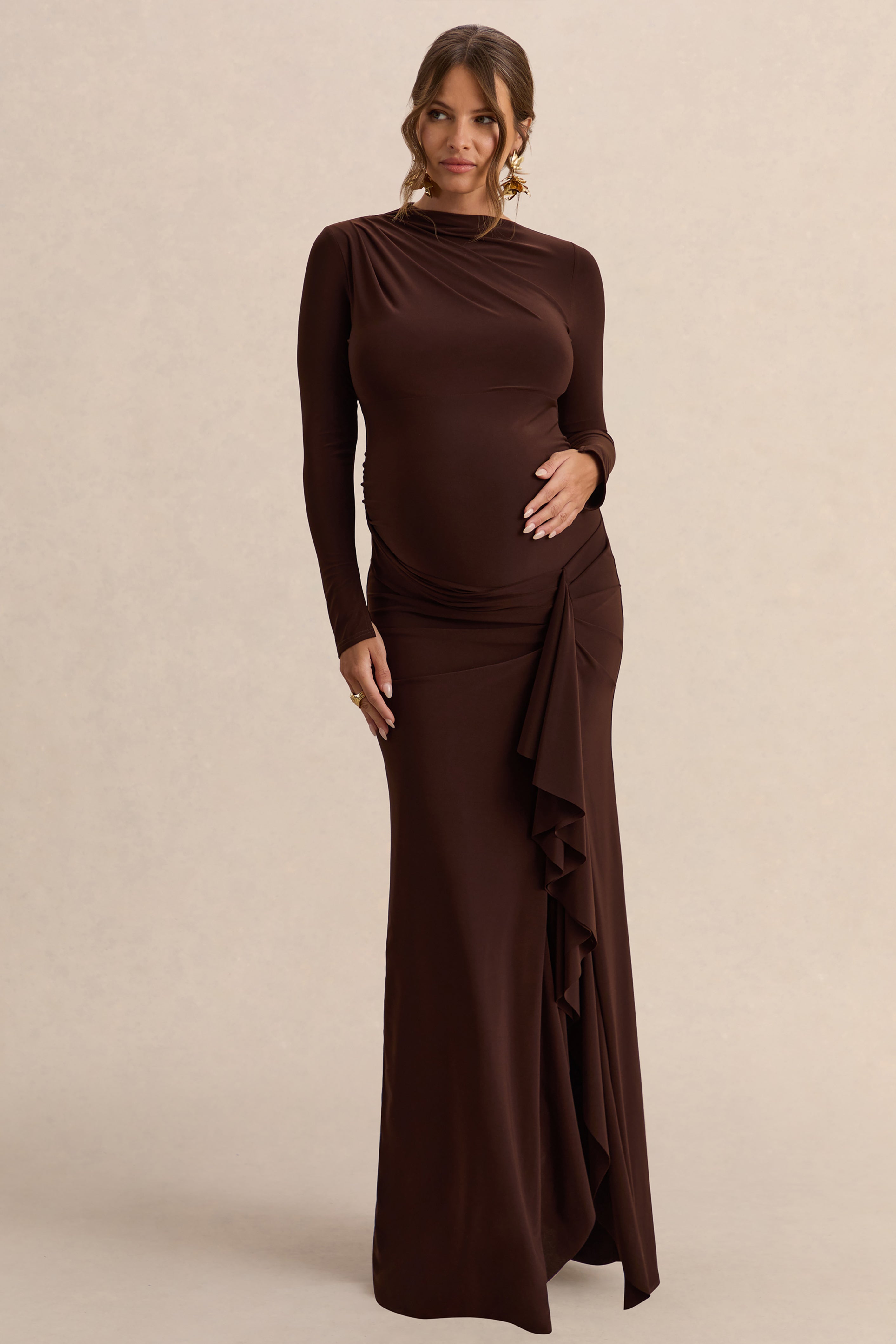 Driftly | Kamira Dark Brown Round-Neck Maternity Maxi Dress With Gathered Detailing