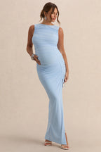 Alitha Light Blue Round-Neck Maternity Maxi Dress With Ruched Detailing And Front Split – front view