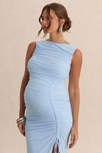 Alitha Light Blue Round-Neck Maternity Maxi Dress With Ruched Detailing And Front Split – detail shot