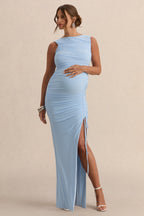 Alitha Light Blue Round-Neck Maternity Maxi Dress With Ruched Detailing And Front Split – side view