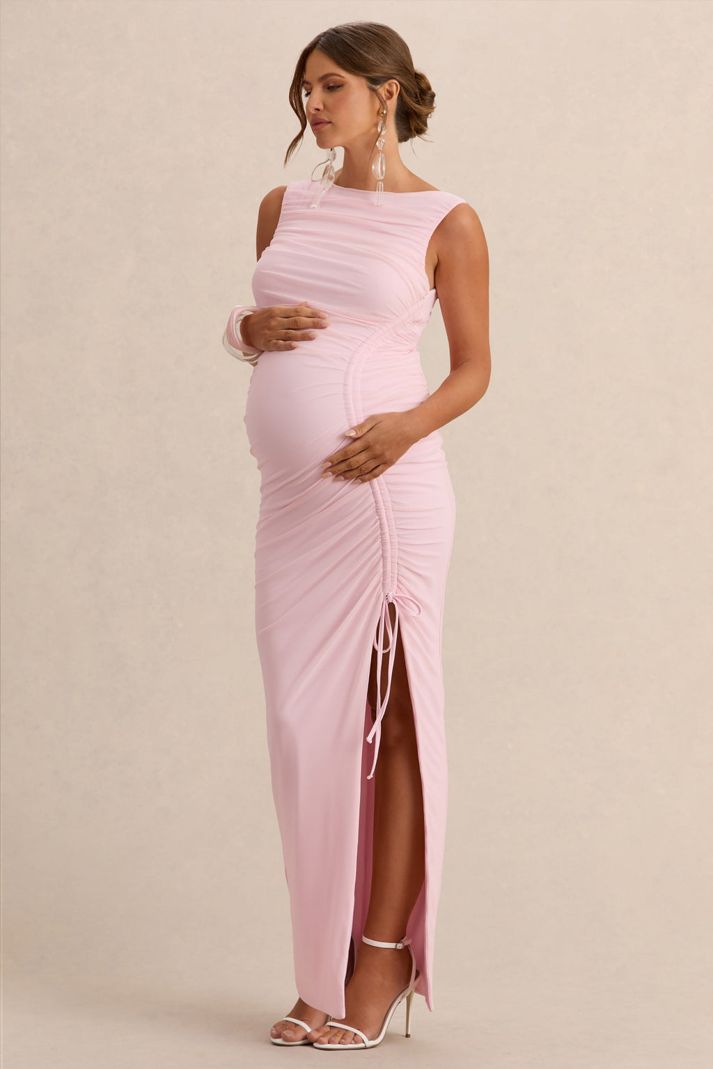 Alitha Light Pink Round-Neck Maternity Maxi Dress With Ruched Detailing And Front Split – back view