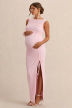 Alitha Light Pink Round-Neck Maternity Maxi Dress With Ruched Detailing And Front Split – back view