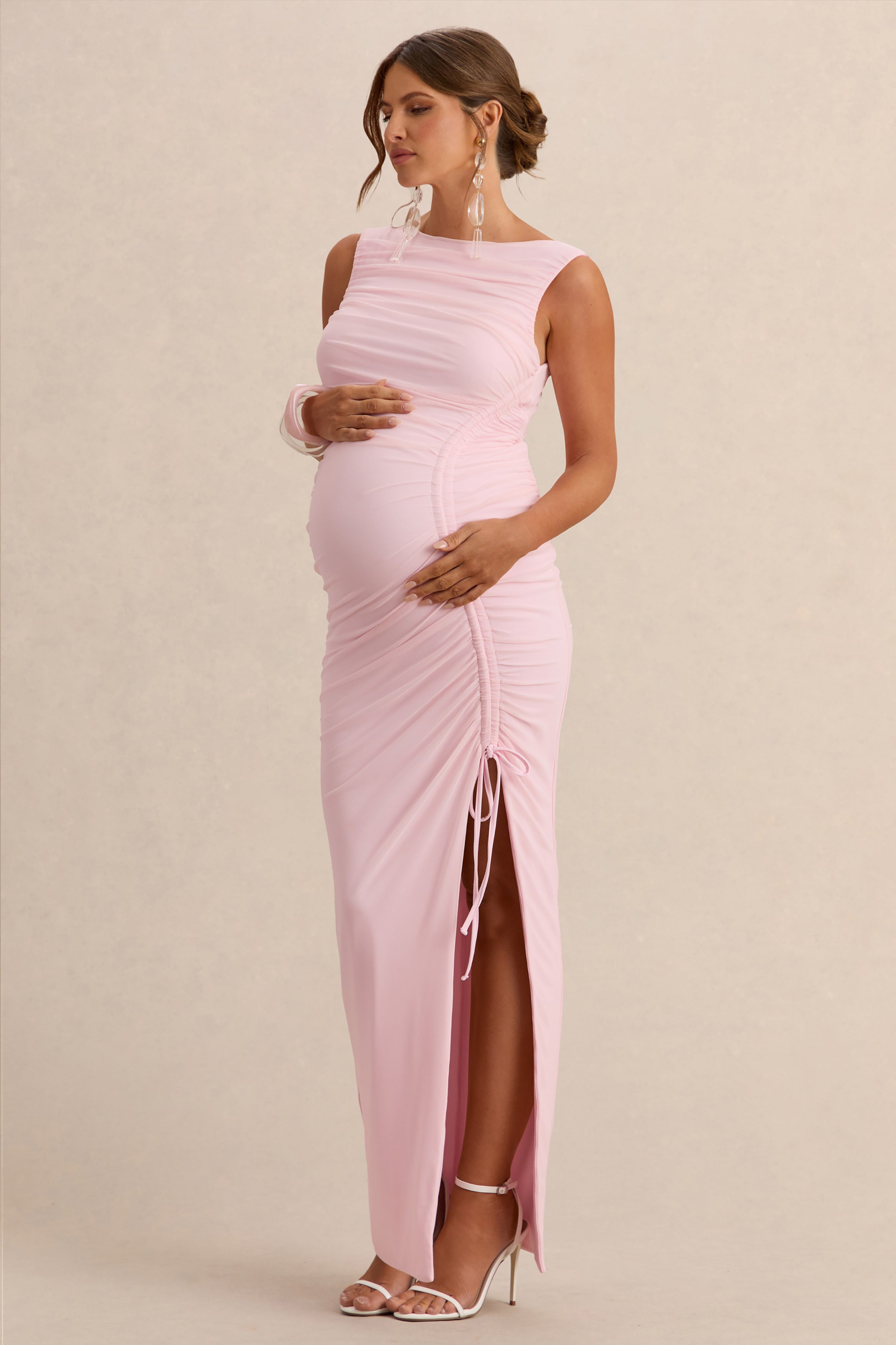 Alitha Light Pink Round-Neck Maternity Maxi Dress With Ruched Detailing And Front Split – back view