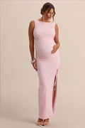 Alitha Light Pink Round-Neck Maternity Maxi Dress With Ruched Detailing And Front Split – front view