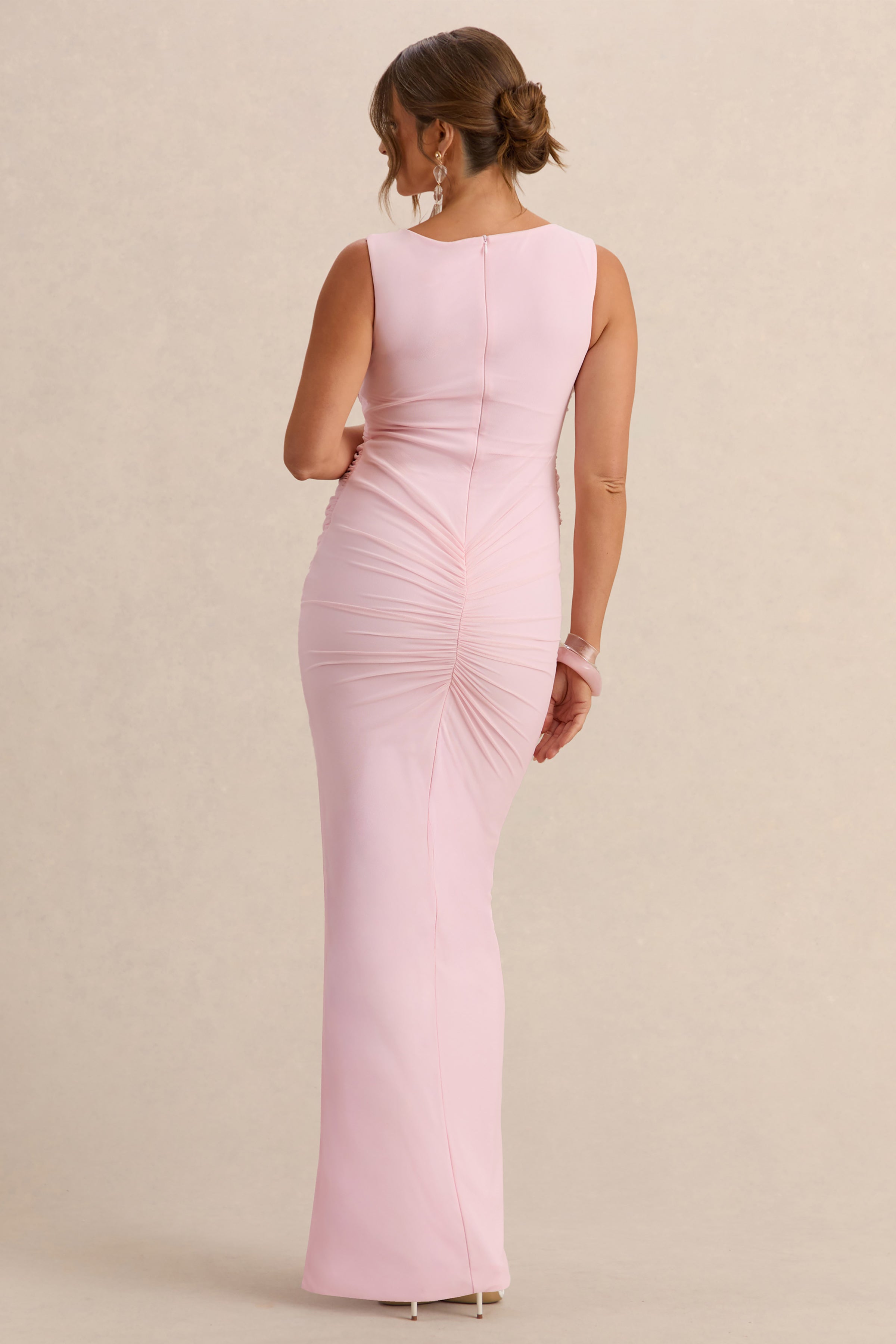 Alitha Light Pink Round-Neck Maternity Maxi Dress With Ruched Detailing And Front Split – lifestyle photo