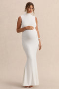 Driftly | Saffira White High-Neck Maternity Maxi Dress With Draped Detailing