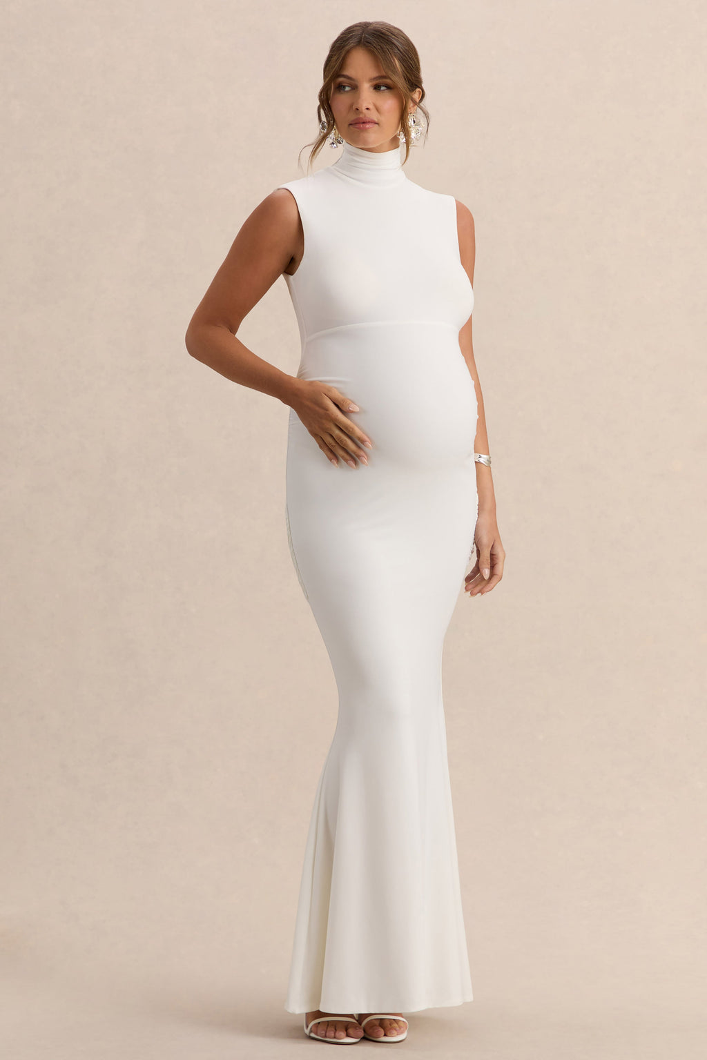 Driftly | Saffira White High-Neck Maternity Maxi Dress With Draped Detailing