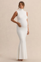 Driftly | Saffira White High-Neck Maternity Maxi Dress With Draped Detailing
