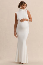 Driftly | Saffira White High-Neck Maternity Maxi Dress With Draped Detailing