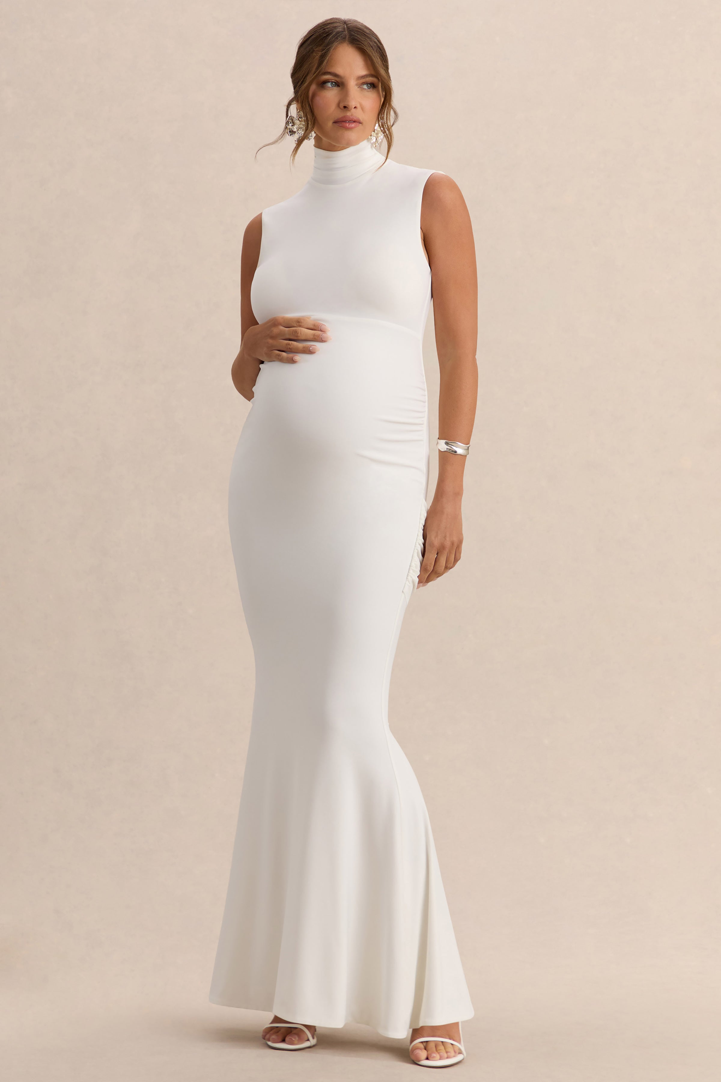 Driftly | Saffira White High-Neck Maternity Maxi Dress With Draped Detailing