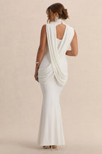 Driftly | Saffira White High-Neck Maternity Maxi Dress With Draped Detailing