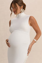 Driftly | Saffira White High-Neck Maternity Maxi Dress With Draped Detailing