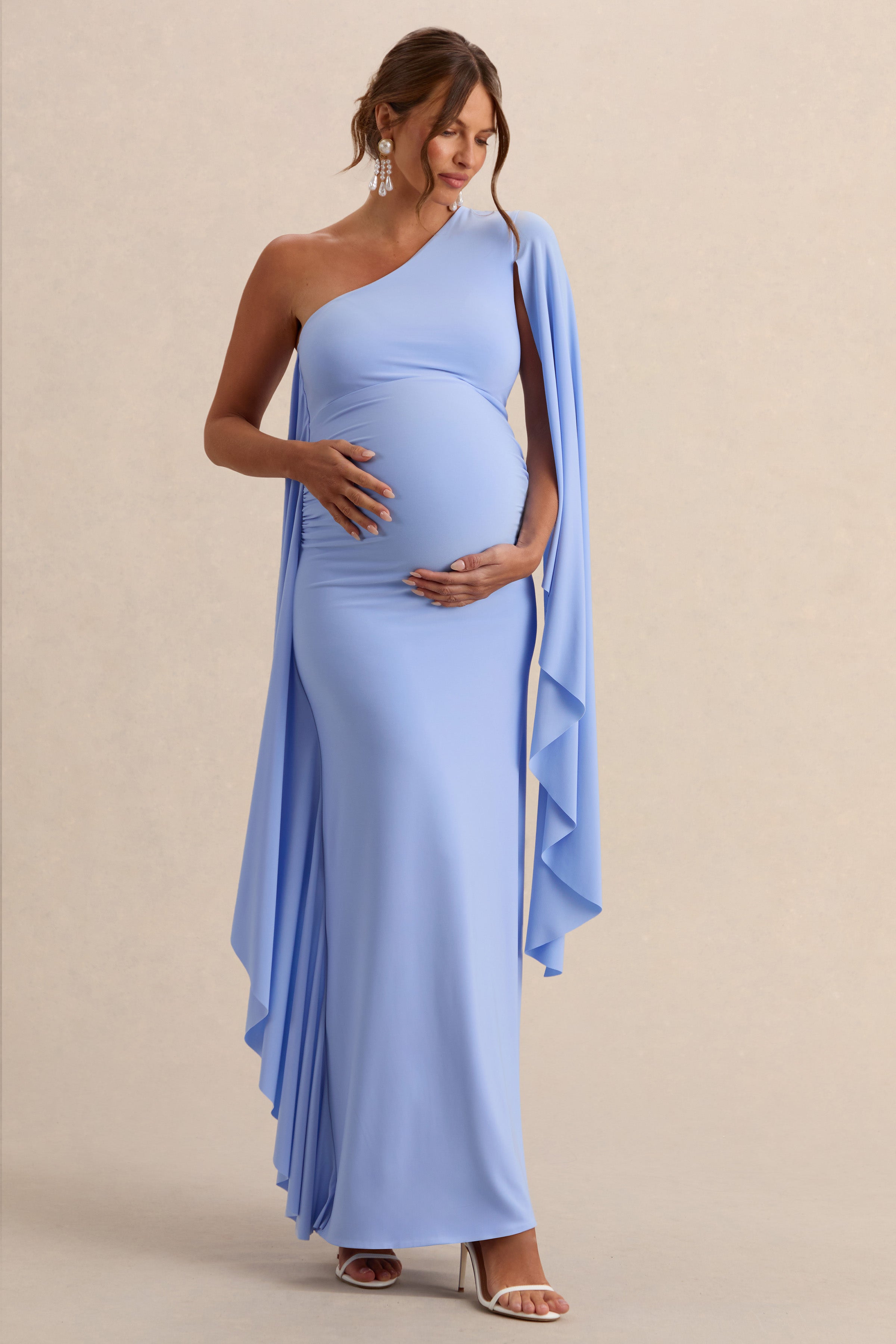 Driftly | Shanae Light Blue Asymmetric-Neck Maternity Maxi Dress With Cape Sleeve And Gathered Detailing