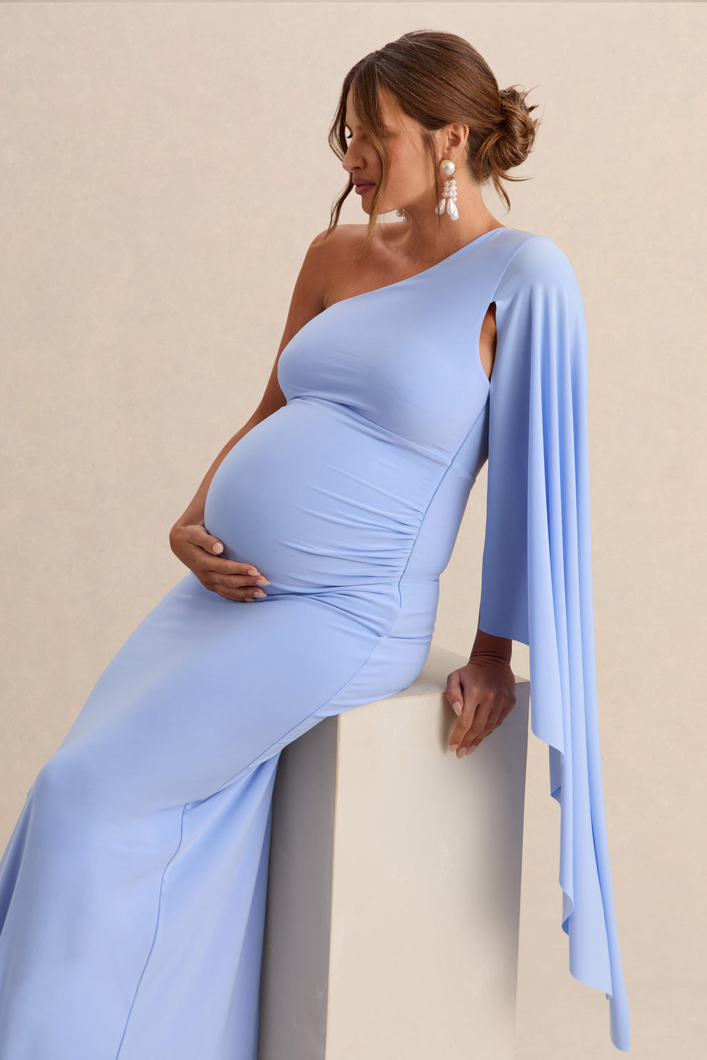 Driftly | Shanae Light Blue Asymmetric-Neck Maternity Maxi Dress With Cape Sleeve And Gathered Detailing
