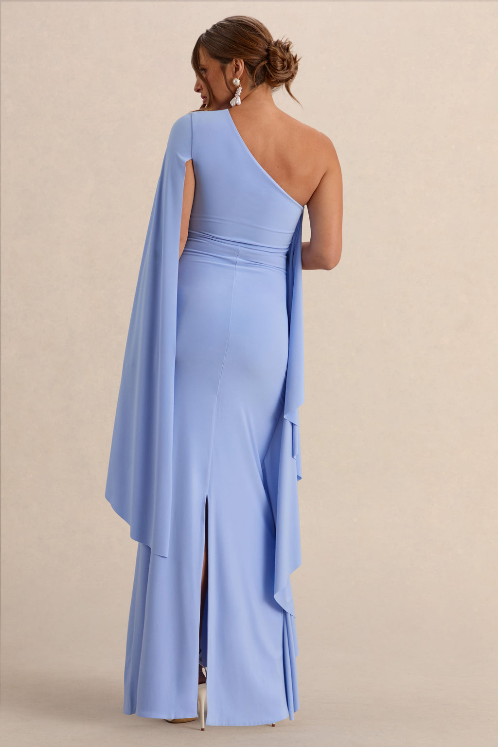 Driftly | Shanae Light Blue Asymmetric-Neck Maternity Maxi Dress With Cape Sleeve And Gathered Detailing