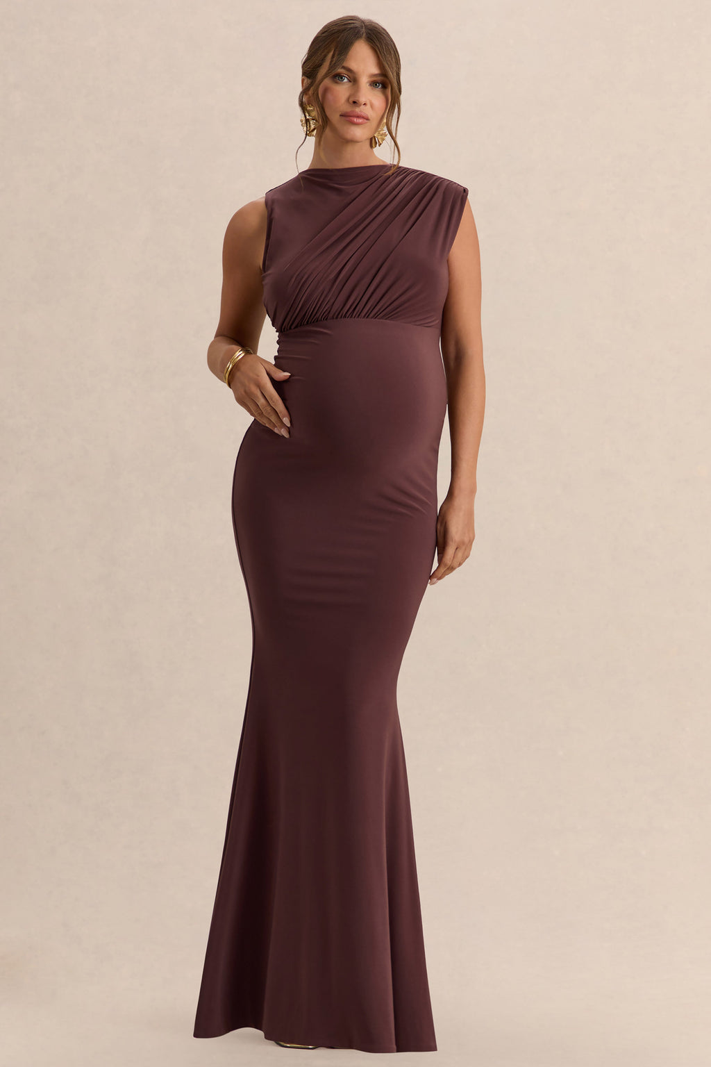Osanna Dark Brown Wide-Neck Maternity Maxi Dress With Ruched Detailing – back view