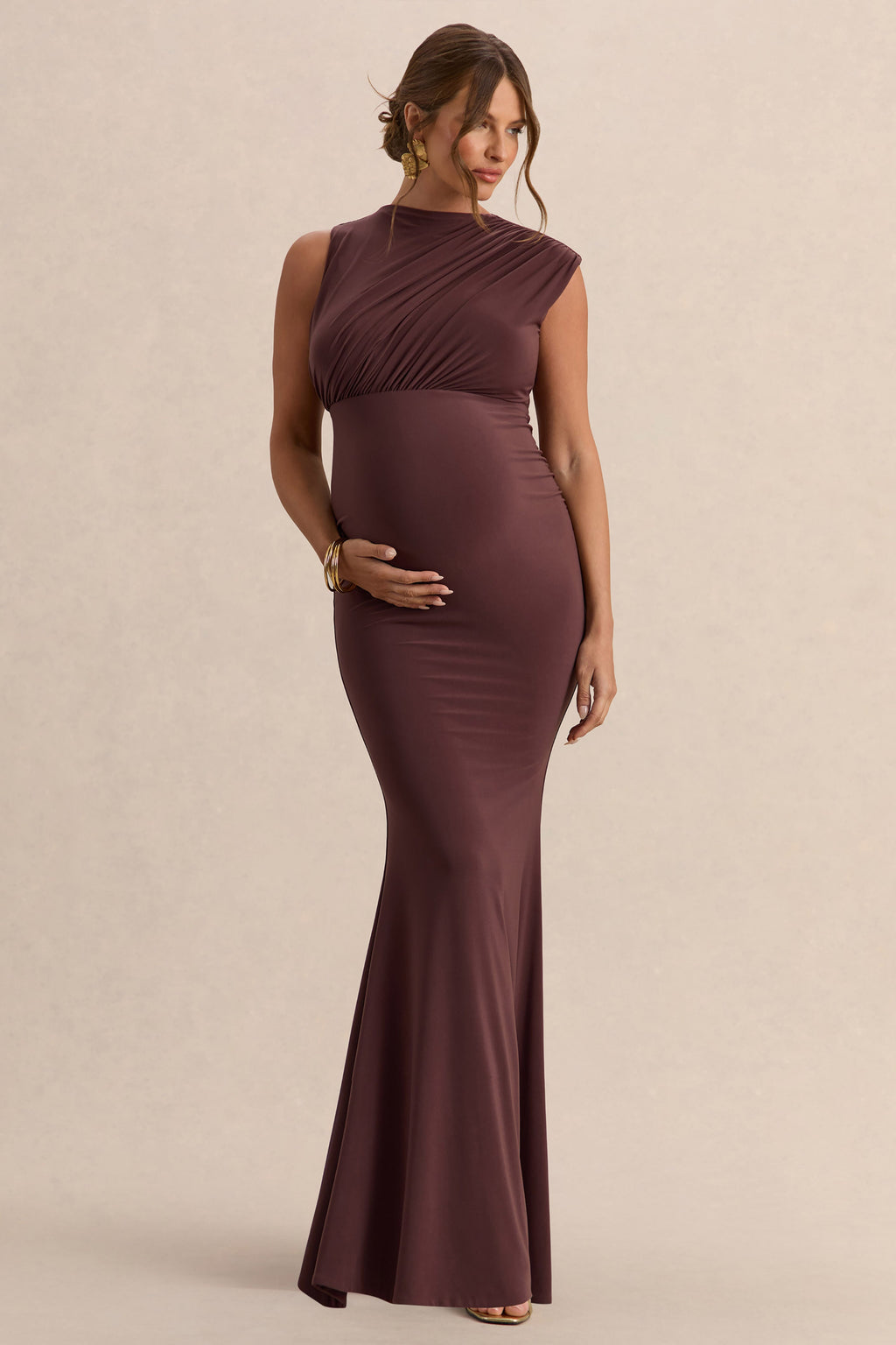 Osanna Dark Brown Wide-Neck Maternity Maxi Dress With Ruched Detailing – front view