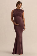 Osanna Dark Brown Wide-Neck Maternity Maxi Dress With Ruched Detailing – front view