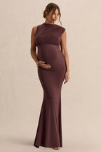 Osanna Dark Brown Wide-Neck Maternity Maxi Dress With Ruched Detailing – front view