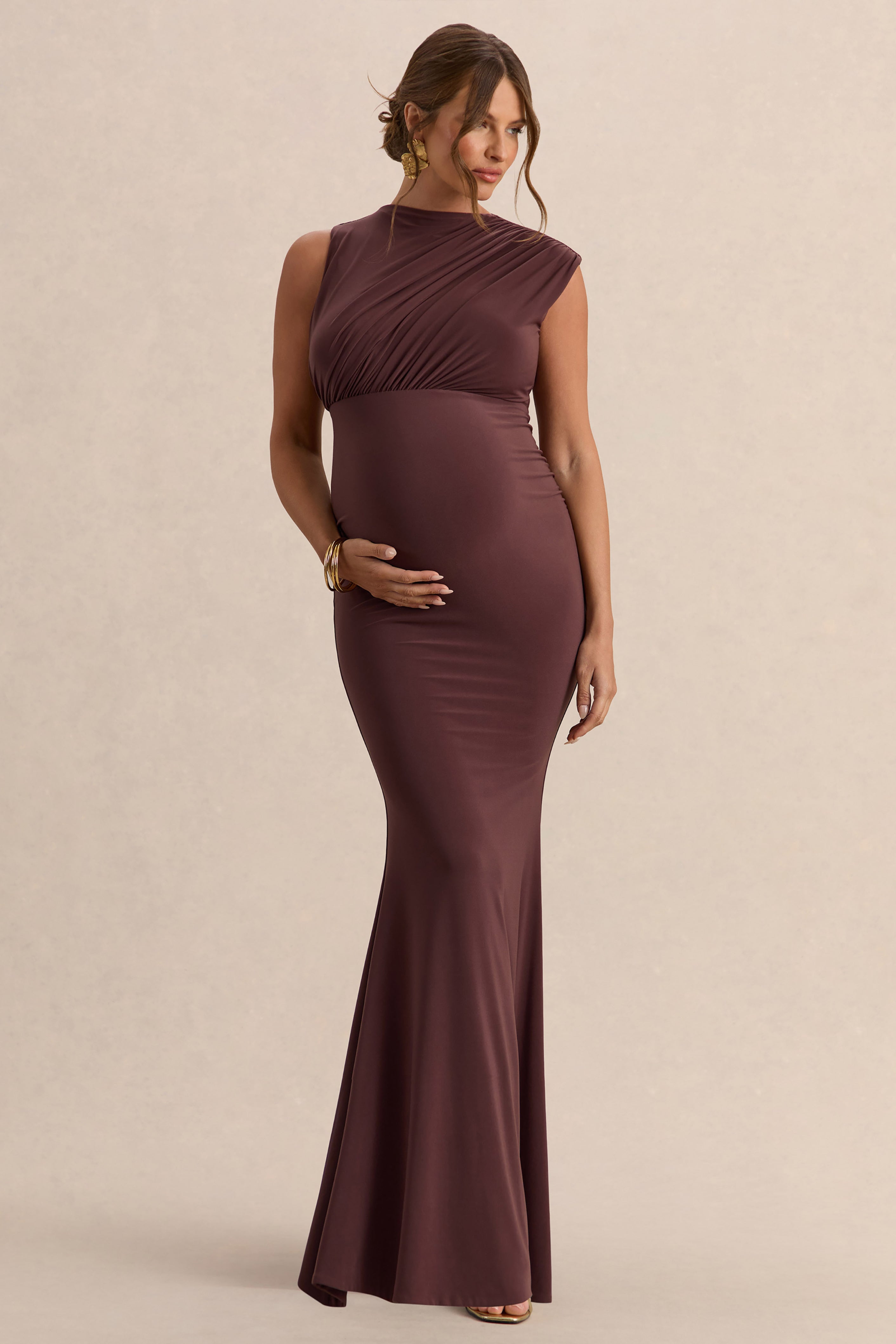 Osanna Dark Brown Wide-Neck Maternity Maxi Dress With Ruched Detailing – front view