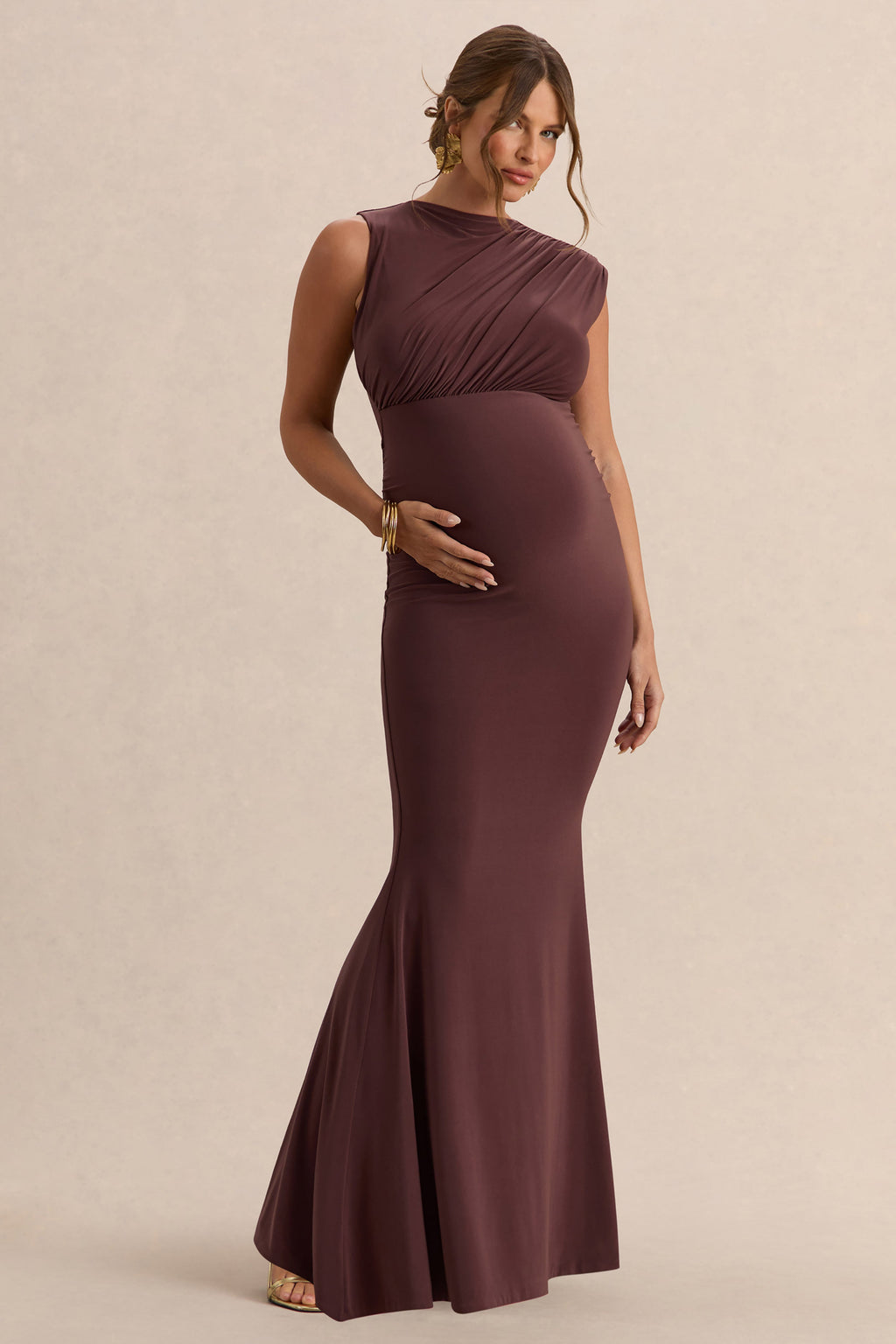 Osanna Dark Brown Wide-Neck Maternity Maxi Dress With Ruched Detailing – side view