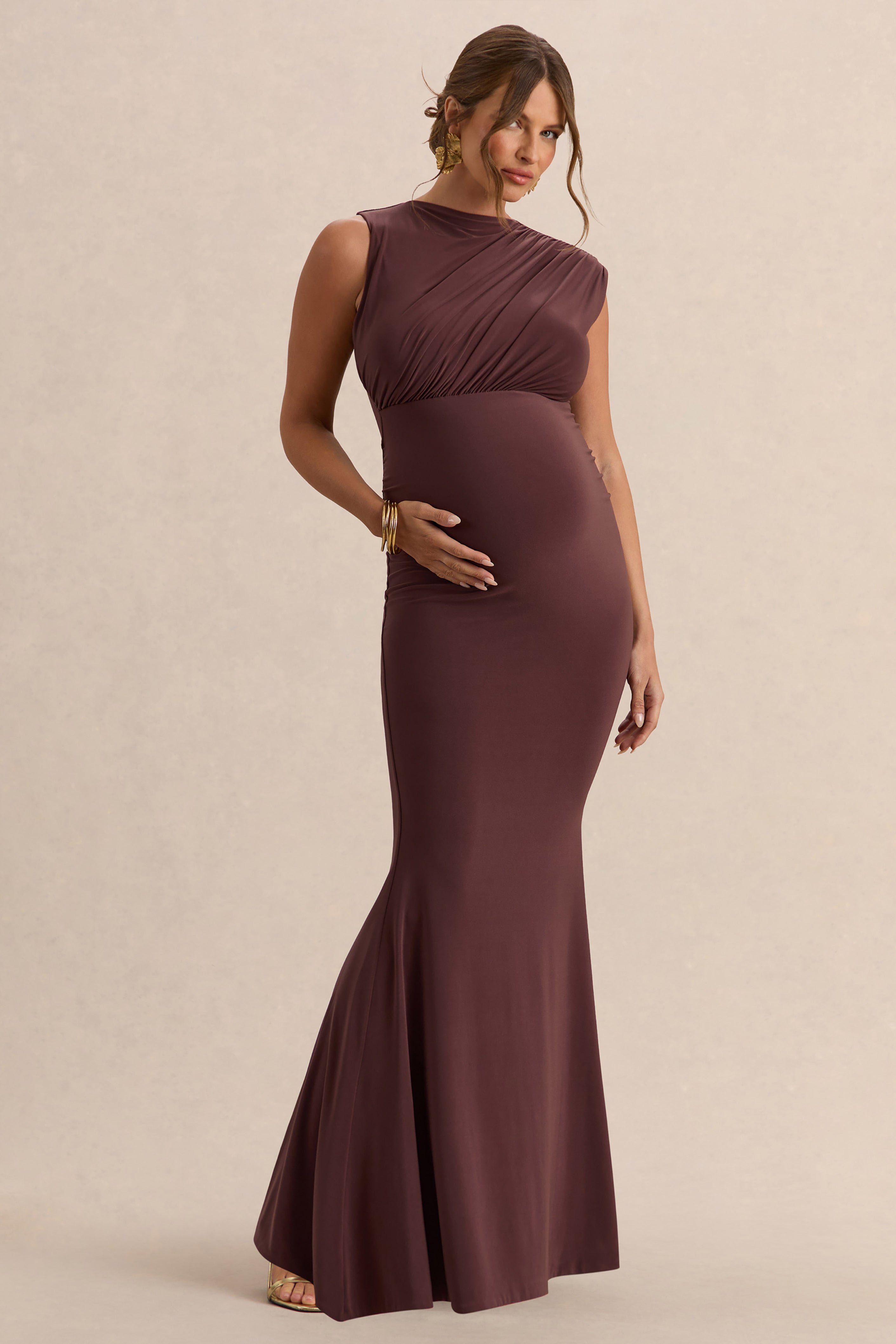 Osanna Dark Brown Wide-Neck Maternity Maxi Dress With Ruched Detailing – side view