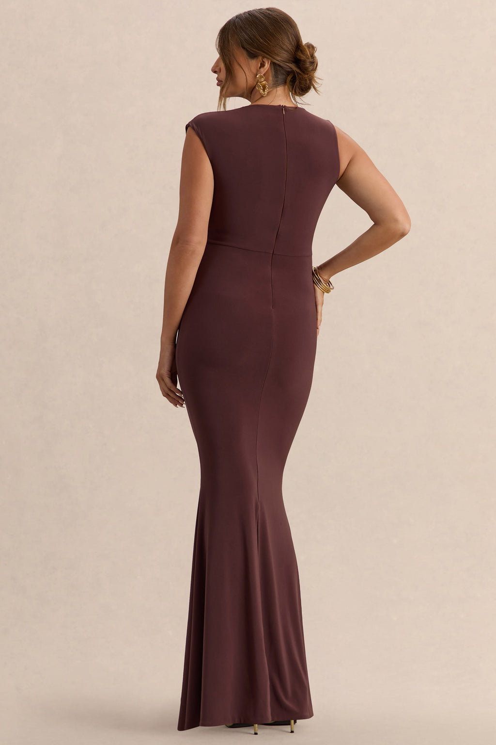 Osanna Dark Brown Wide-Neck Maternity Maxi Dress With Ruched Detailing – lifestyle photo