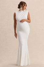 Driftly | Osanna White Wide-Neck Maternity Maxi Dress With Ruched Detailing