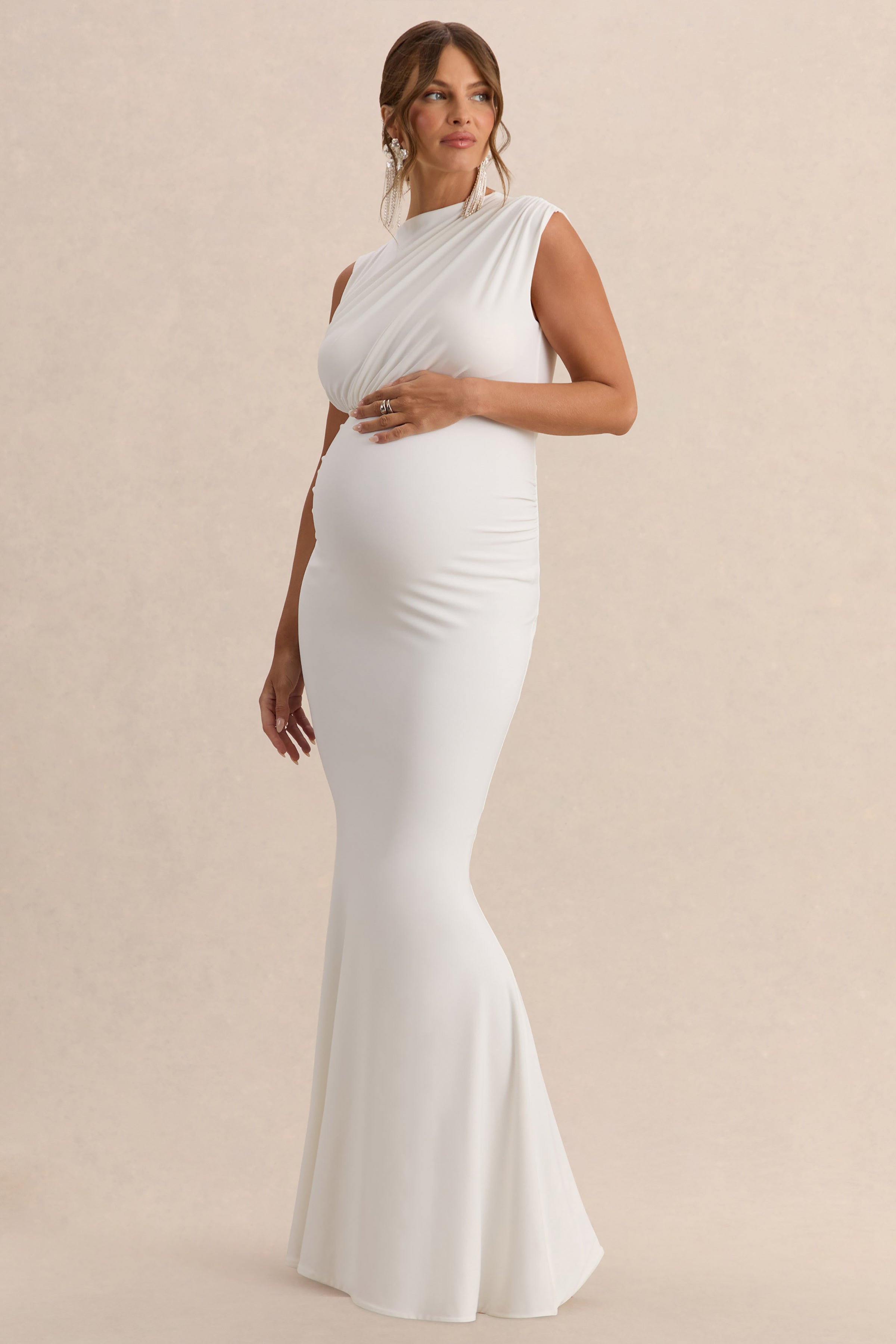 Driftly | Osanna White Wide-Neck Maternity Maxi Dress With Ruched Detailing