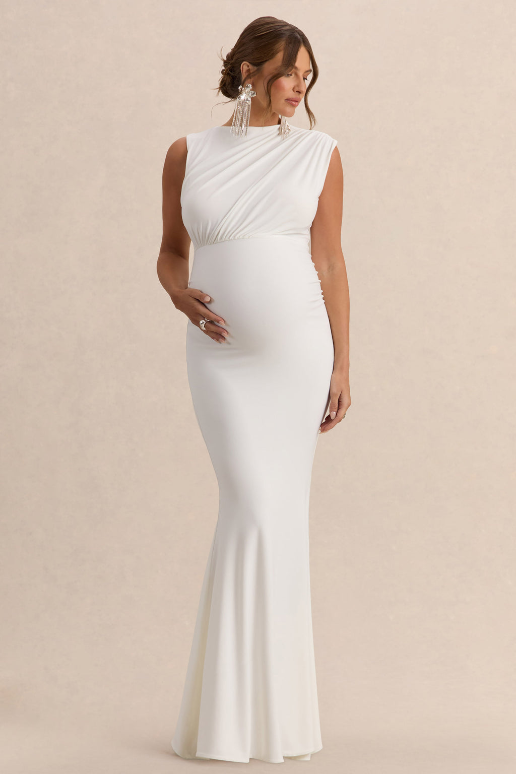 Driftly | Osanna White Wide-Neck Maternity Maxi Dress With Ruched Detailing