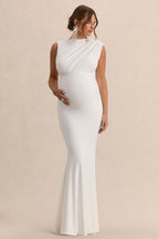 Driftly | Osanna White Wide-Neck Maternity Maxi Dress With Ruched Detailing