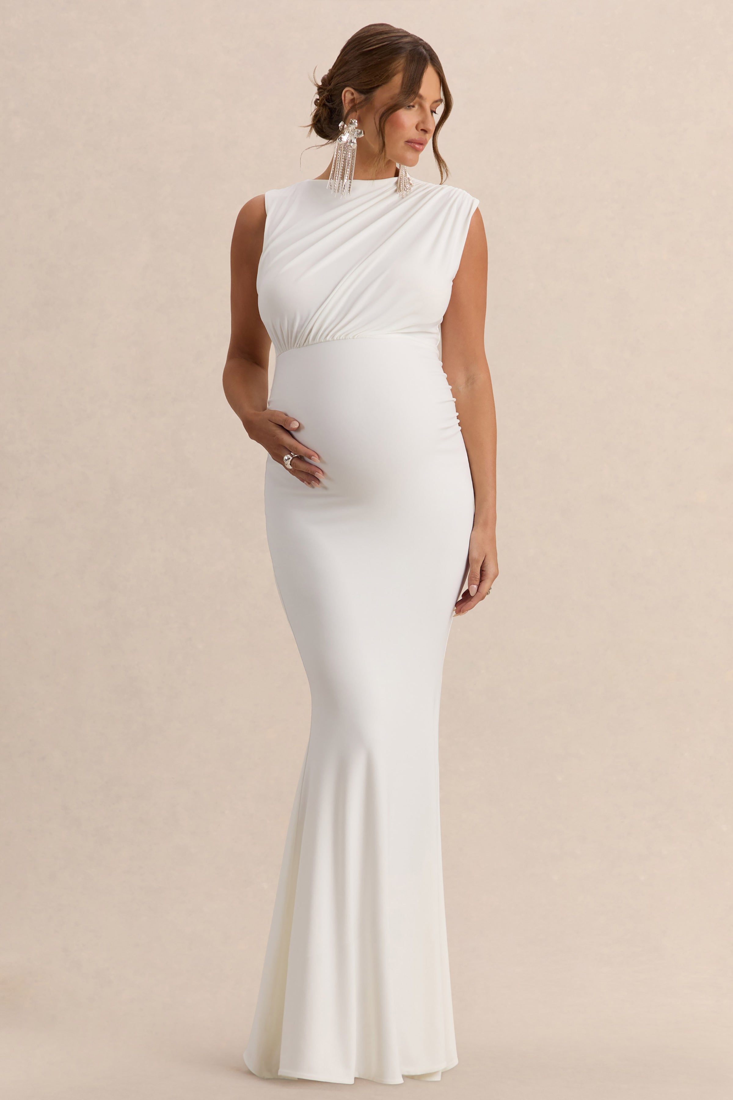 Driftly | Osanna White Wide-Neck Maternity Maxi Dress With Ruched Detailing