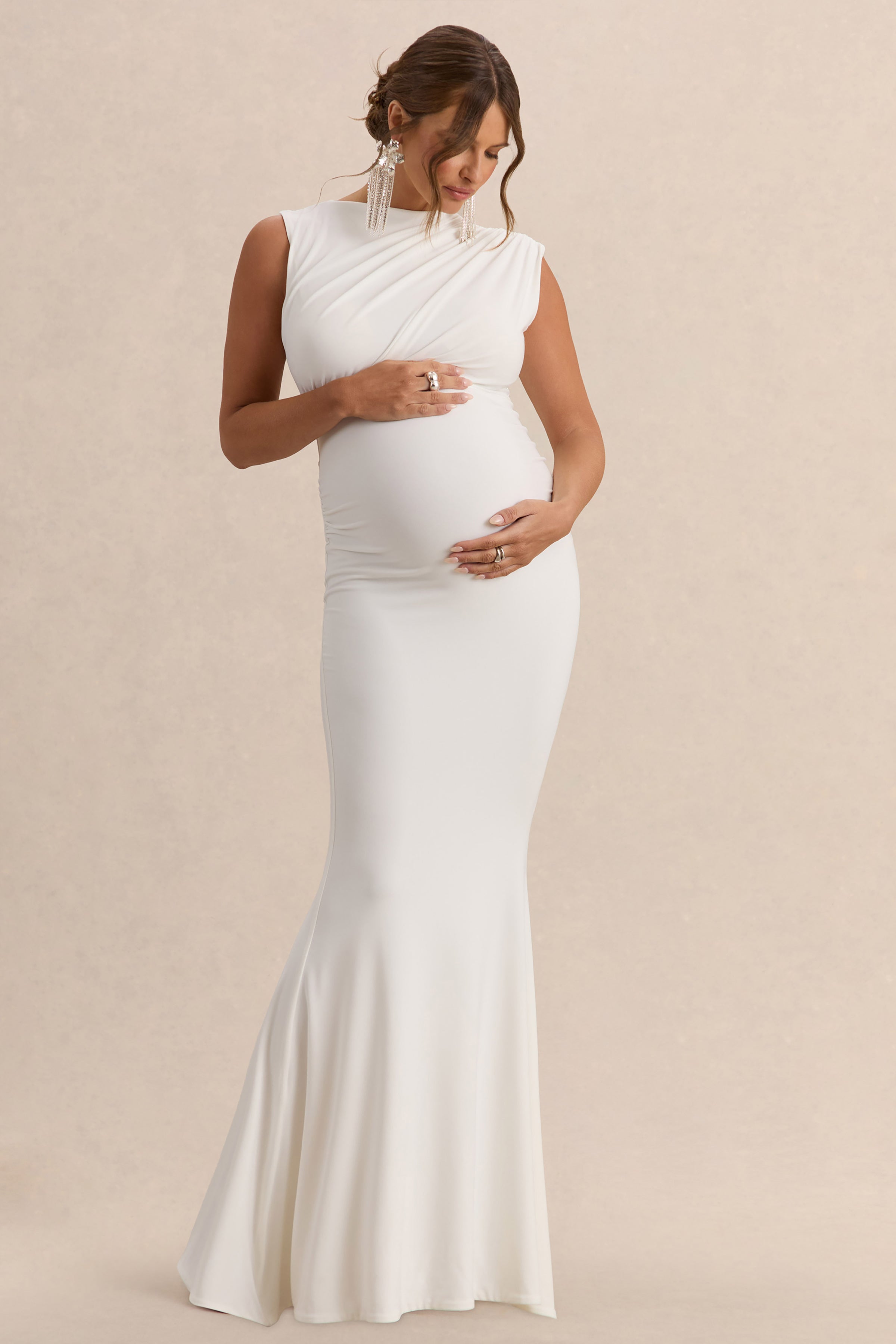 Osanna White Wide-Neck Maternity Maxi Dress With Ruched Detailing – second lifestyle photo