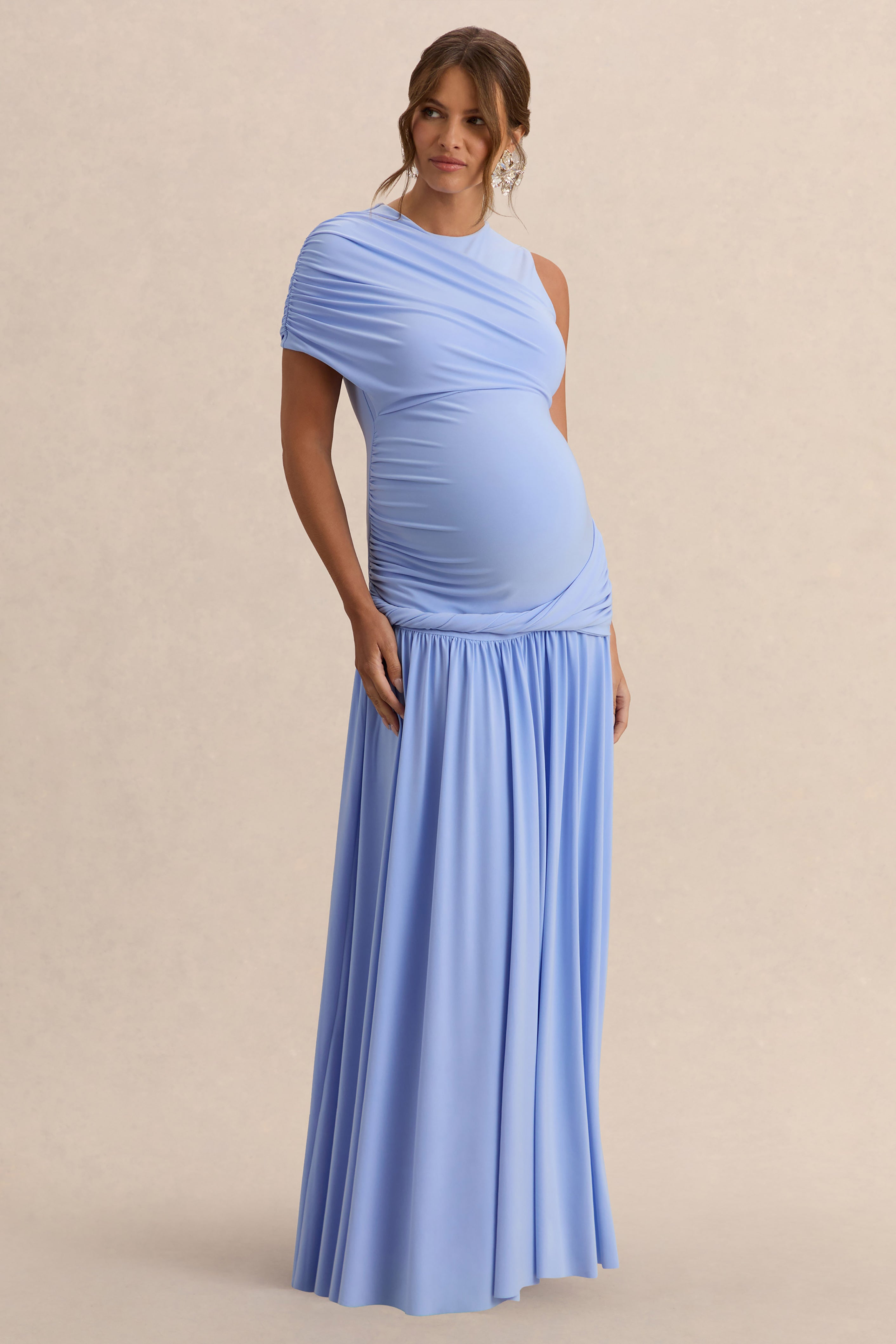 Driftly | Naida Light Blue Round-Neck Maternity Maxi Dress With Draped Detailing