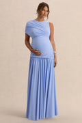 Driftly | Naida Light Blue Round-Neck Maternity Maxi Dress With Draped Detailing