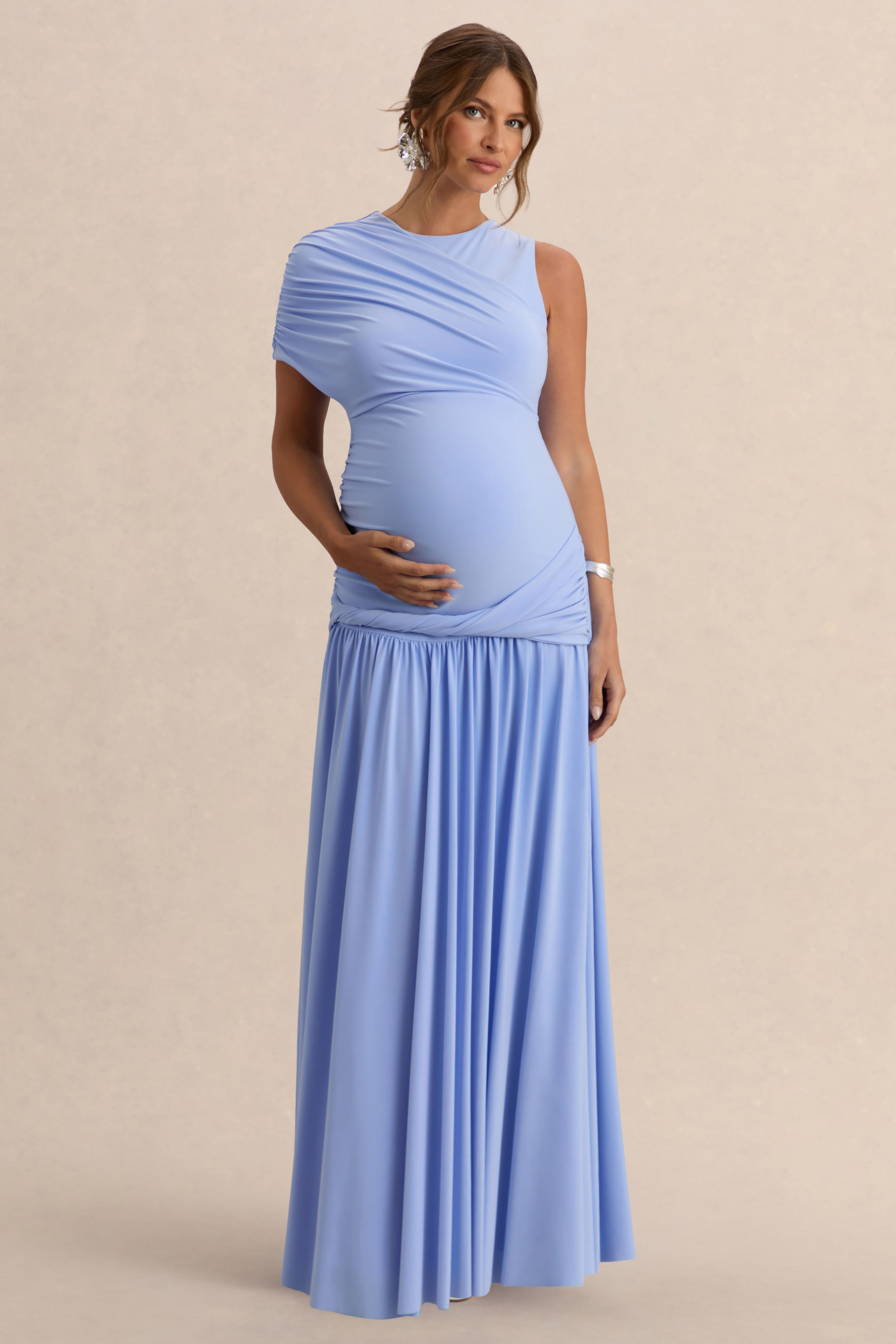 Driftly | Naida Light Blue Round-Neck Maternity Maxi Dress With Draped Detailing