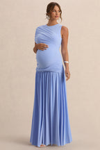 Driftly | Naida Light Blue Round-Neck Maternity Maxi Dress With Draped Detailing